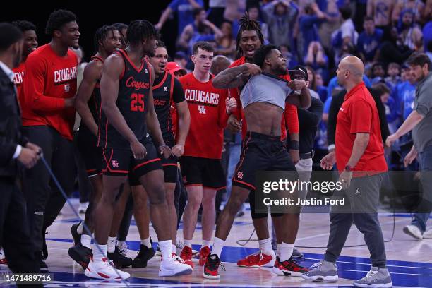 Jamal Shead of the Houston Cougars celebrates after scoring the game winning point after the game against the Memphis Tigers at FedExForum on March...