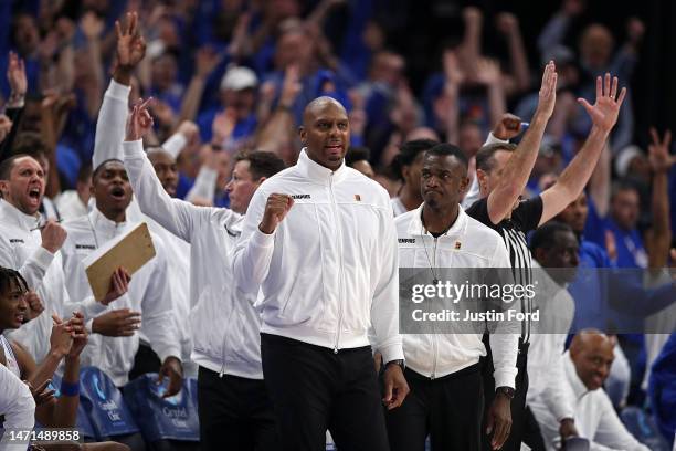 Head coach Penny Hardaway of the Memphis Tigers reacts during the second half against the Houston Cougars at FedExForum on March 05, 2023 in Memphis,...