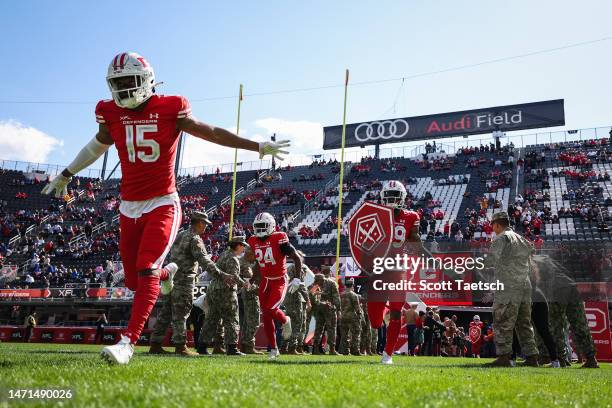 Defenders takes the field before the XFL game against the St Louis Battlehawks at Audi Field on March 5, 2023 in Washington, DC.