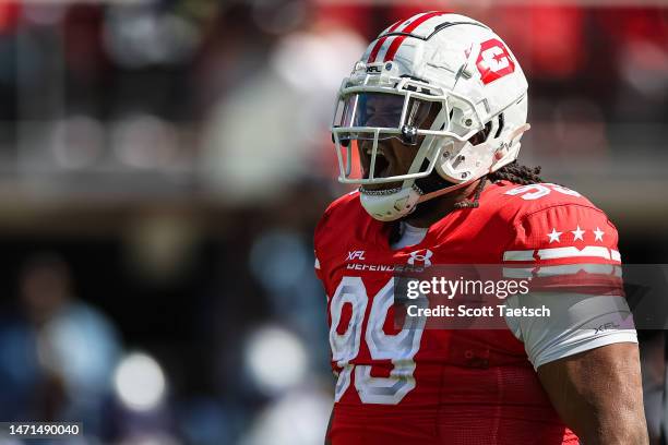 Joseph Wallace of the DC Defenders reacts to a play against the St Louis Battlehawks during the first half of the XFL game at Audi Field on March 5,...