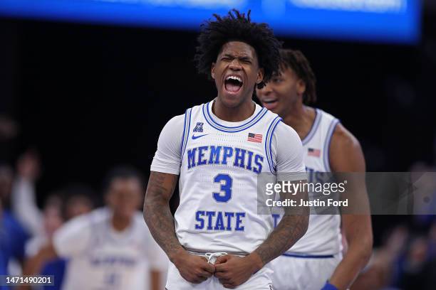 Kendric Davis of the Memphis Tigers reacts during the second half against the Houston Cougars at FedExForum on March 05, 2023 in Memphis, Tennessee.