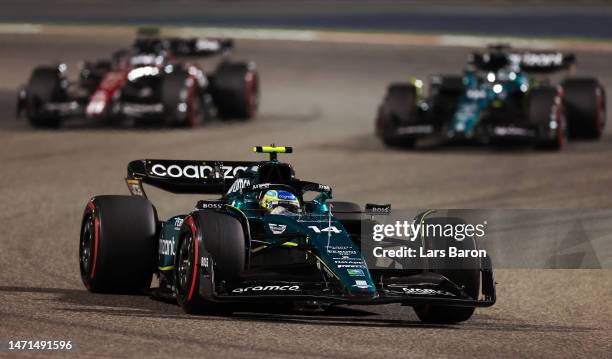 Fernando Alonso of Spain driving the Aston Martin AMR23 Mercedes on track during the F1 Grand Prix of Bahrain at Bahrain International Circuit on...