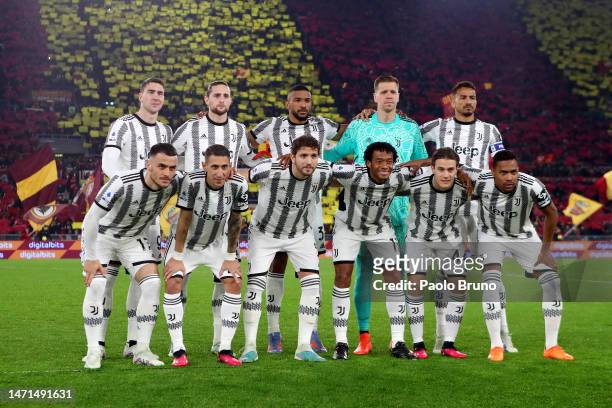 Players of Juventus pose for a team photograph prior to the Serie A match between AS Roma and Juventus at Stadio Olimpico on March 05, 2023 in Rome,...