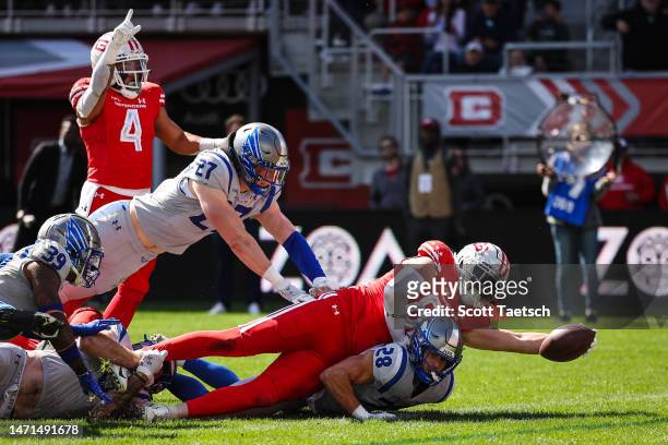 Ethan Wolf of the DC Defenders scores a two point conversion against the St Louis Battlehawks during the first half of the XFL game at Audi Field on...