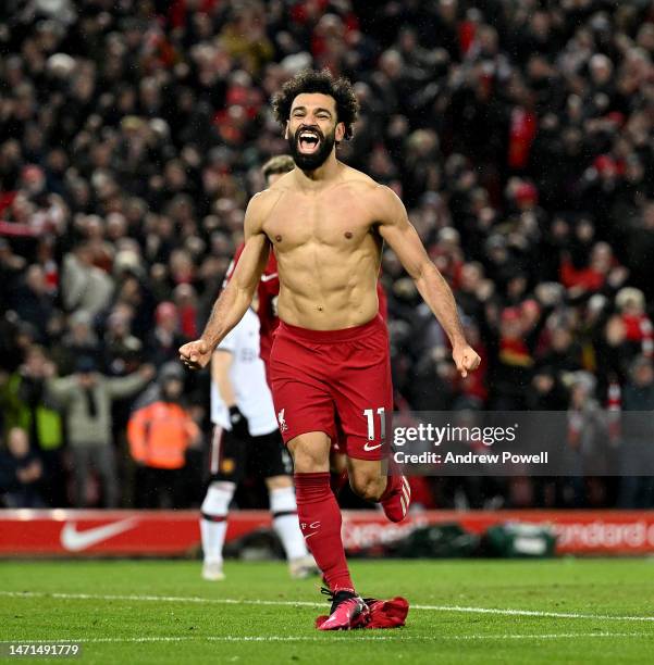 Mohamed Salah of Liverpool celebrates after scoring the sixth goal during the Premier League match between Liverpool FC and Manchester United at...