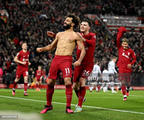 Mohamed Salah of Liverpool celebrates after scoring the sixth goal during the Premier League match between Liverpool FC and Manchester United at...