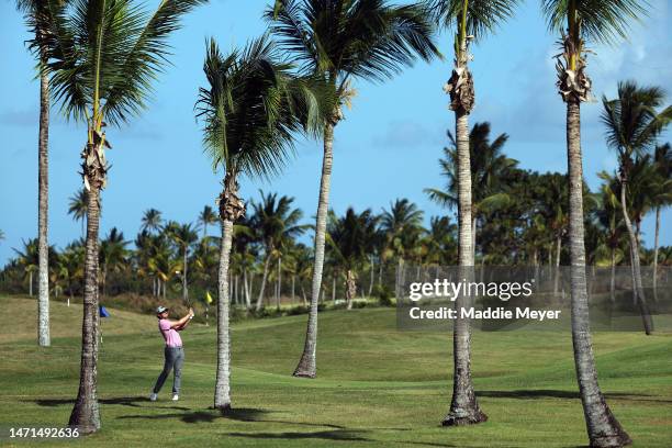 Nico Echavarria of Columbia hits his second shot on the 10th hole during the final round of the Puerto Rico Open at Grand Reserve Golf Club on March...