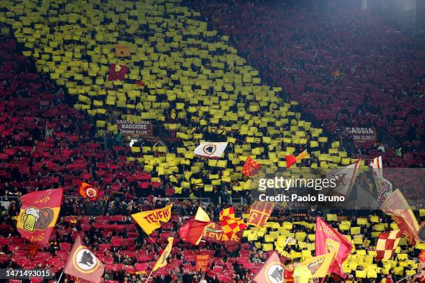 General view as fans of AS Roma form a TIFO prior to the Serie A match between AS Roma and Juventus at Stadio Olimpico on March 05, 2023 in Rome,...