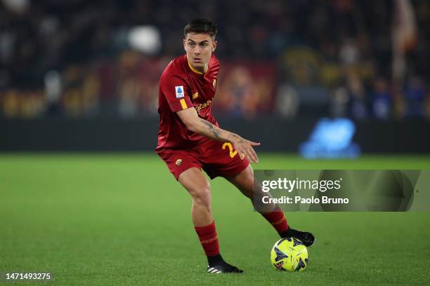 Paulo Dybala of AS Roma runs with the ball during the Serie A match between AS Roma and Juventus at Stadio Olimpico on March 05, 2023 in Rome, Italy.