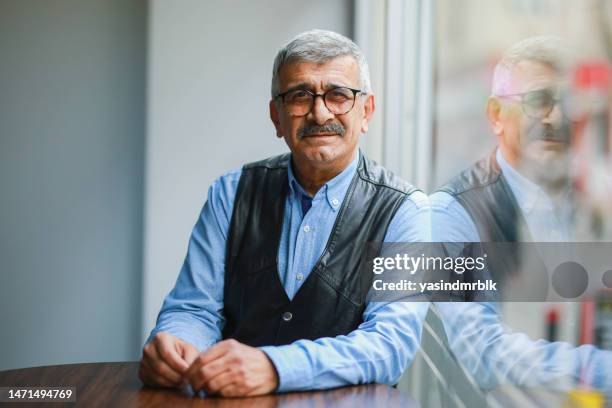 porträt eines lächelnden älteren mannes im hemd drinnen - arbeitende rentner stock-fotos und bilder