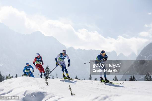 Iivo Niskanen of Finnland, William Poromaa of Sweden, Johannes Hoesflot Klaebo of Norway and Federico Pellegrino of Italy compete during the...