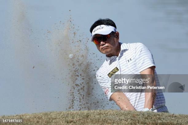 Yang of South Korea chips from the bunker onto the first green during the final round of the Cologuard Classic at Omni Tucson National on March 05,...