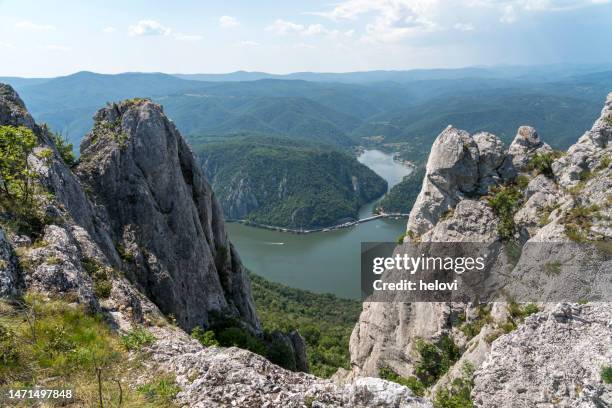 view of danube in djerdap gorge from above - beautiful blue danube stock pictures, royalty-free photos & images
