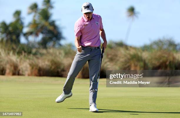 Nico Echavarria of Columbia reacts after making a putt on the 14th hole during the final round of the Puerto Rico Open at Grand Reserve Golf Club on...