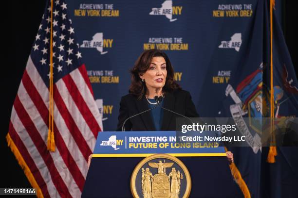 New York Governor Kathy Hochul speaks during a press event where she highlighted Long Island budget investments and the urgency of New York housing...