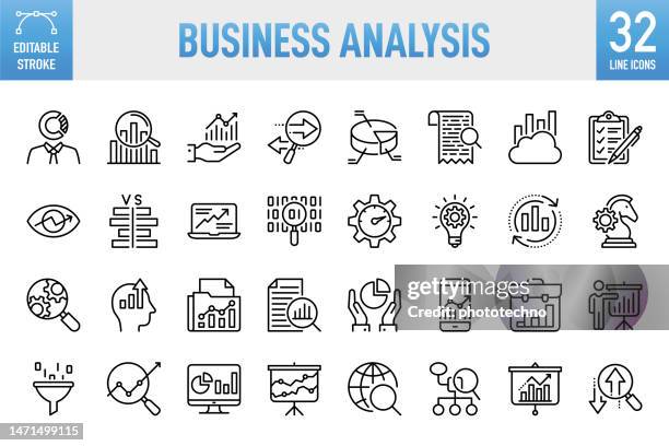 business analysis - dünnzeiliger vektorsymbolsatz. pixel perfekt. bearbeitbarer kontur. für mobile und web. das set enthält icons: analysieren, daten, big data, recherche, prüfung, diagramm, diagramm, expertise, planung, beratung - daten stock-grafiken, -clipart, -cartoons und -symbole