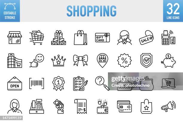 illustrazioni stock, clip art, cartoni animati e icone di tendenza di shopping - set di icone vettoriali a linee sottili. pixel perfetto. tratto modificabile. per mobile e web. il set contiene icone: shopping, negozio, centro commerciale, carrello, carrello, vendita, vendita al dettaglio, acquisto, supermercato, mercato - sp - shopping