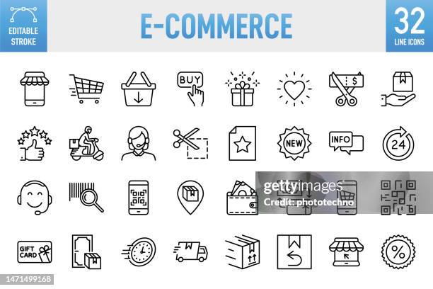 ilustraciones, imágenes clip art, dibujos animados e iconos de stock de e-commerce - conjunto de iconos vectoriales de línea delgada. píxel perfecto. trazo editable. para móvil y web. el conjunto contiene iconos: comercio electrónico, compras en línea, compras, entrega, envío gratuito, tienda, internet, lista de deseos,  - cart icon