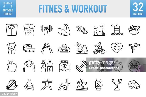 illustrazioni stock, clip art, cartoni animati e icone di tendenza di fitness & workout - set di icone vettoriali a linee sottili. pixel perfetto. tratto modificabile. per mobile e web. il set contiene icone: stile di vita sano, esercizio fisico, sport, alimentazione sana, palestra, benessere, dieta, sanità e medicina, bila - benessere