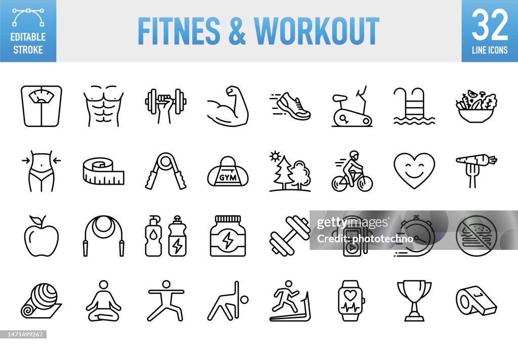 Fitness & Workout - Conjunto de ícones vetoriais de linha fina. Pixel perfeito. Traçado editável. Para dispositivos móveis e Web. O conjunto contém ícones: Estilo de Vida Saudável, Exercício, Esporte, Alimentação Saudável, Academia, Bem-estar, D