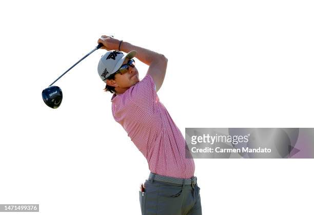 Nico Echavarria of Columbia hits his first shot on the 14th hole during the final round of the Puerto Rico Open at Grand Reserve Golf Club on March...