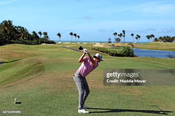 Nico Echavarria of Columbia hits his first shot on the 12th hole during the final round of the Puerto Rico Open at Grand Reserve Golf Club on March...