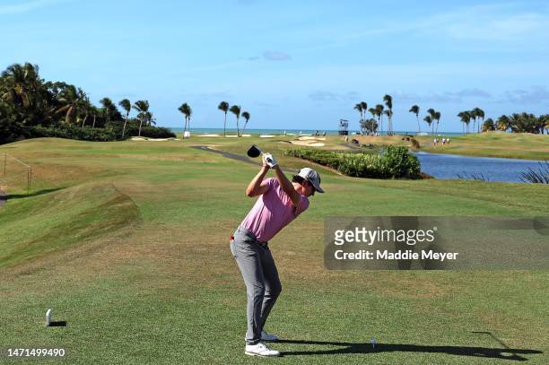 Nico Echavarria of Columbia hits his first shot on the 12th hole during the final round of the Puerto Rico Open at Grand Reserve Golf Club on March...