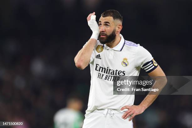 Karim Benzema of Real Madrid reacts during the LaLiga Santander match between Real Betis and Real Madrid CF at Estadio Benito Villamarin on March 05,...