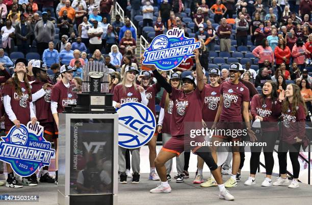 The Virginia Tech Hokies hokies celebrate after their win against the Louisville Cardinals in the ACC Women's Basketball Tournament Championship game...