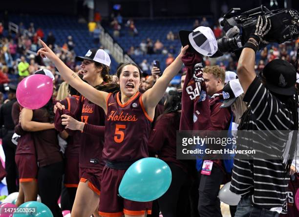 Georgia Amoore of the Virginia Tech Hokies celebrates after their win against the Louisville Cardinals in the ACC Women's Basketball Tournament...