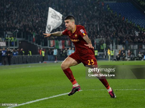 Gianluca Mancini of AS Roma celebrates after scoring goal 1-0 during the Serie A match between AS Roma and Juventus at Stadio Olimpico on March 05,...