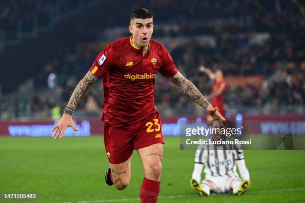 Roma player Gianluca Mancini celebrates during the Serie A match between AS Roma and Juventus at Stadio Olimpico on March 05, 2023 in Rome, Italy.