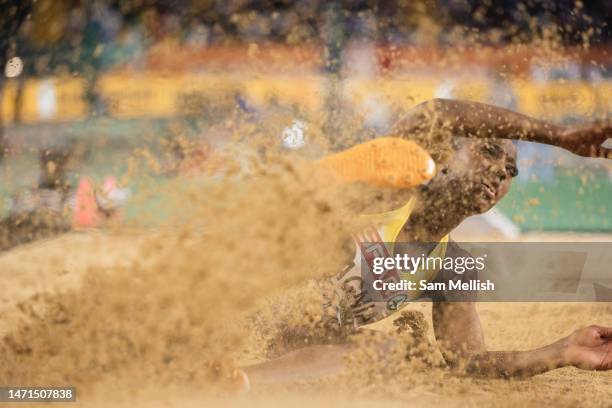 Khaddi Sagnia of Sweden competes the womens Long Jump Final during the European Athletics Indoor Championships at the Ataköy Athletics Arena on March...