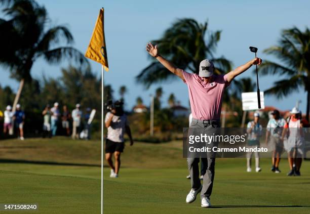 Nico Echavarria of Columbia gestures to the crowd as he walks toward the green on the 18th hole during the final round of the Puerto Rico Open at...