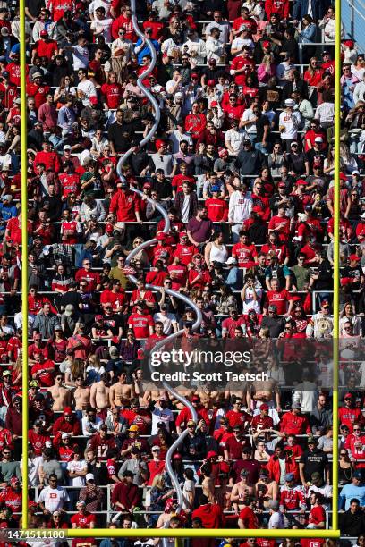 General view as fans build a beer cup snake during the second half of the XFL game between the DC Defenders and the St Louis Battlehawks at Audi...