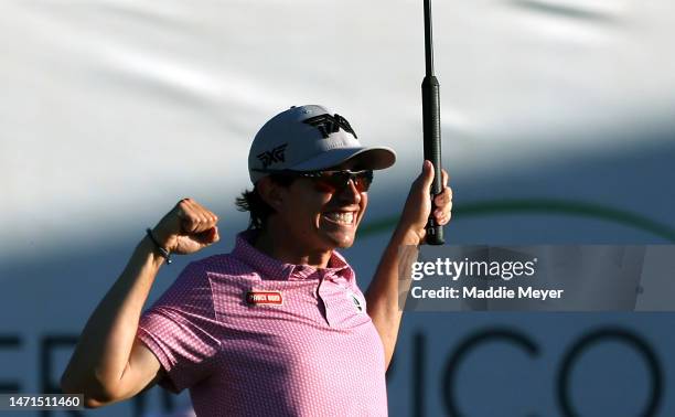 Nico Echavarria of Columbia celebrates on the 18th green as he wins the Puerto Rico Open at Grand Reserve Golf Club on March 05, 2023 in Rio Grande,...