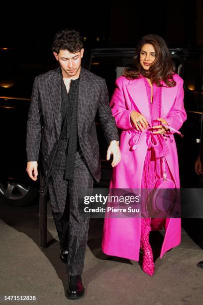 Priyanka Chopra and Nick Jonas arrive at Caviar Kaspia restaurant at a "Valentino" dinner during the Paris Fashion Week - Womenswear Fall Winter 2023...