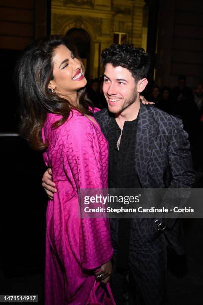 Priyanka Chopra and Nick Jonas attend the Valentino Womenswear Fall Winter 2023-2024 show as part of Paris Fashion Week on March 05, 2023 in Paris,...