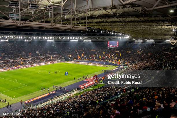 Roma fans during the Serie A match between AS Roma and Juventus at Stadio Olimpico on March 05, 2023 in Rome, Italy.