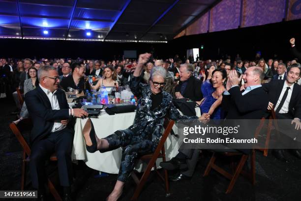 Jamie Lee Curtis reacts to "Everything Everywhere All at Once" Best Feature win at the 2023 Film Independent Spirit Awards on March 04, 2023 in Santa...