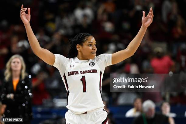 Zia Cooke of the South Carolina Gamecocks hypes up the crowd in the final seconds of fourth quarter during the championship game of the SEC Women's...