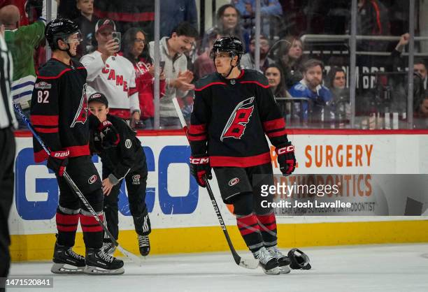 Teuvo Teravainen of the Carolina Hurricanes celebrates with teammates after a goal during the third period against the Tampa Bay Lightning at PNC...