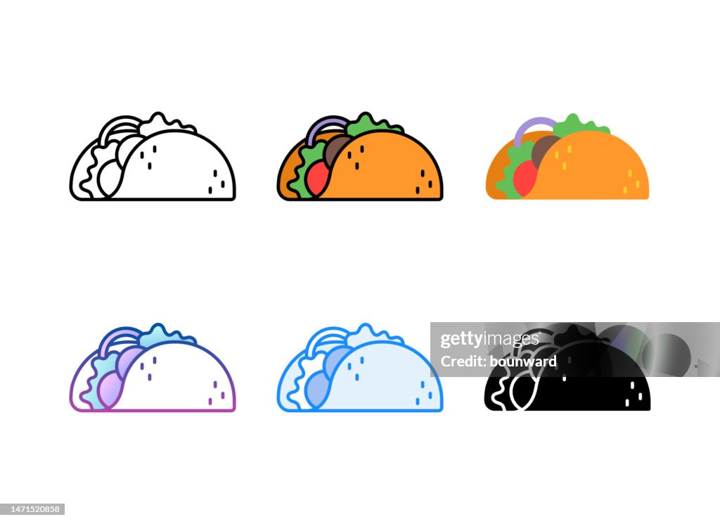 Taco-Symbol. 6 verschiedene Stile. Bearbeitbarer Strich.