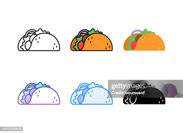 ilustraciones, imágenes clip art, dibujos animados e iconos de stock de icono de taco. 6 estilos diferentes. trazo editable. - mexico chile