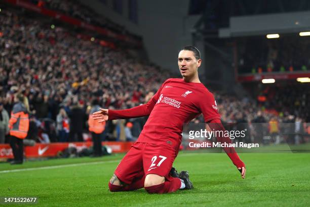 Darwin Nunez of Liverpool celebrates after scoring the team's fifth goal during the Premier League match between Liverpool FC and Manchester United...