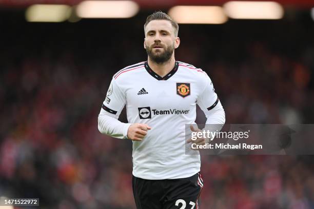 Luke Shaw of Manchester United looks on during the Premier League match between Liverpool FC and Manchester United at Anfield on March 05, 2023 in...