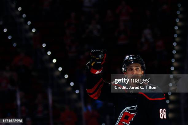 Teuvo Teravainen of the Carolina Hurricanes reacts as he is named "second star" following their 6-0 victory over the Tampa Bay Lightning at PNC Arena...