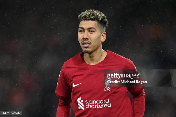 Roberto Firmino of Liverpool looks on during the Premier League match between Liverpool FC and Manchester United at Anfield on March 05, 2023 in...