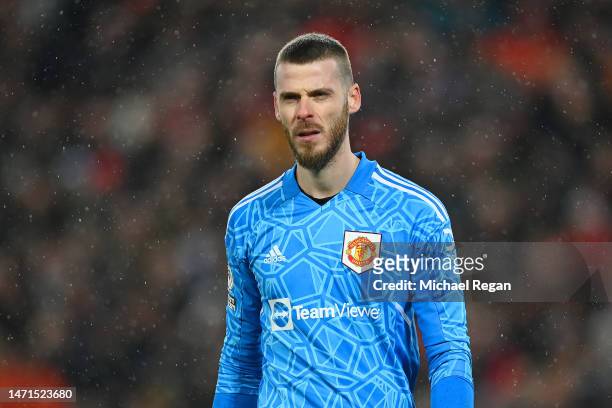 David de Gea of Manchester United looks on during the Premier League match between Liverpool FC and Manchester United at Anfield on March 05, 2023 in...