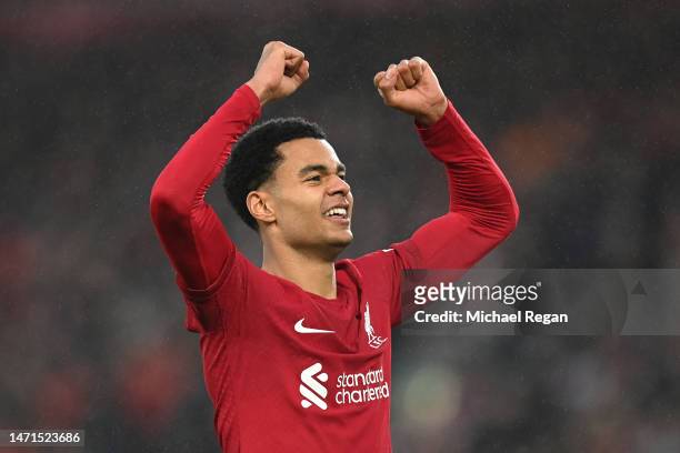 Cody Gakpo of Liverpool celebrates his second goal during the Premier League match between Liverpool FC and Manchester United at Anfield on March 05,...